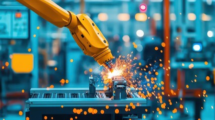 Fototapete - A robotic arm welding parts together in an automotive manufacturing plant, robotic welding, car production
