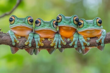 Four green tree frogs with orange bellies sit on a branch with their eyes wide open.