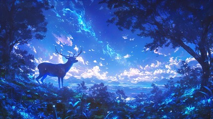 Wall Mural - This image depicts a serene, magical nighttime scene featuring a majestic stag with large antlers standing on a hill surrounded by dense forest. The scene is illuminated by a vibrant blue light that p