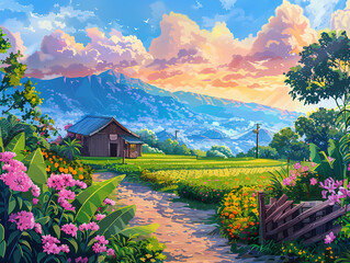 Wall Mural - landscape with flowers and mountains