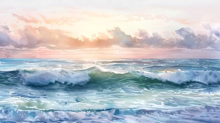 A serene seascape captures rolling waves under a pastel sky, evoking tranquility and the beauty of nature.