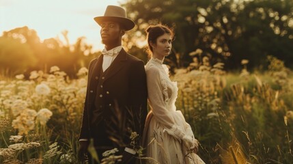 Wall Mural - A man and woman are standing in a field of tall grass