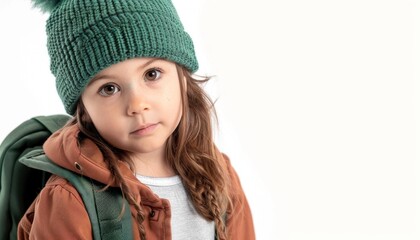 Little girl ready for adventure in green beanie