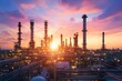 © Downloads - Vast oil refinery at dramatic sunset with towering distillation columns and pipelines stretching into the distance