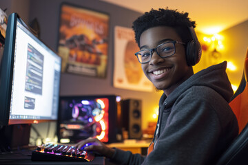 african american teen coding and gaming in modern setup, a young african american teen smiling while