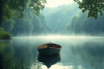 a calm lake scene featuring a solitary boat gently floating on the water surrounded by lush greenery evoking peace and solitude in nature