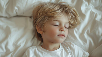 A little boy sleeping on the bed, white background, close-up shot of his face and head in profile view, wearing a white t-shirt with blonde hair, natural light