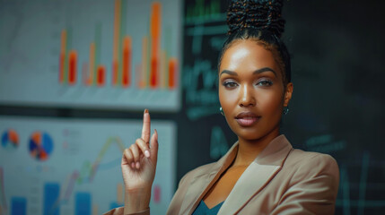 Aufkleber - confident businesswoman gestures with her finger while presenting data in modern office setting, showcasing her expertise and professionalism