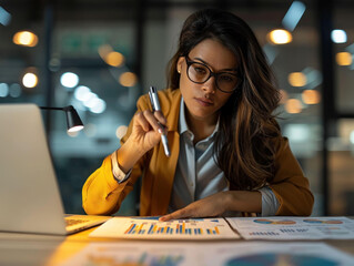Poster - Focused on her work, woman in stylish outfit analyzes data and charts in modern office setting, showcasing determination and professionalism