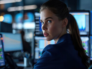 Aufkleber - focused woman in professional setting analyzes data on multiple screens, showcasing her determination and expertise in finance