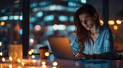Poster - focused woman works on her laptop in cozy, illuminated environment, surrounded by soft bokeh lights. scene captures blend of concentration and tranquility