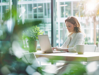 woman is working on laptop in bright, modern office space surrounded by greenery. atmosphere is calm and productive, highlighting blend of nature and technology