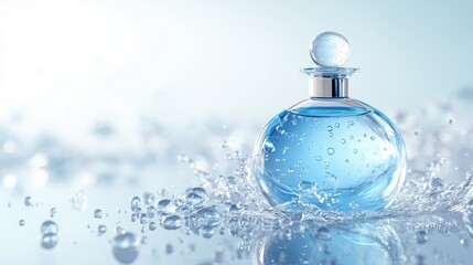 Close-up illustration of a luxury perfume bottle with scattered water droplets, set against a pristine white backdrop for a clean, elegant look.