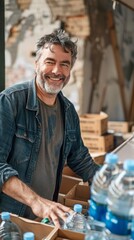 Poster - A man is smiling and standing in front of a box of water bottles