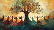 © Jesse - A vibrant, abstract painting depicts a group of individuals dancing in a circle around a large, flourishing tree. The scene captures a sense of unity and celebration, with the figures holding hands an