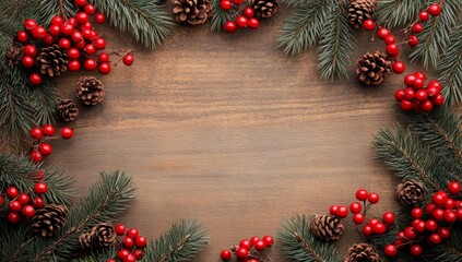 Wall Mural - Festive christmas background with pine cones and red berries on wooden surface