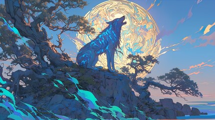 Wall Mural - An artistic depiction of a lone wolf howling on a rocky hilltop under a vivid, glowing full moon. The wolf is illuminated with striking blue accents, creating an ethereal, mystical appearance. The lan