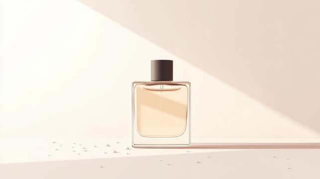 Illustration of minimalist perfume bottle with subtle water droplets, placed on a white background for a refined, fresh, and simple aesthetic.