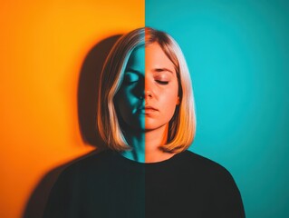 A woman with a blonde bob is captured in a split-color background, one side bright orange and the other a calming turquoise, evoking contrasting emotions.