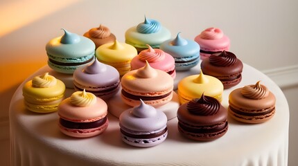 An assortment of colorful macarons, highlighting their bright colors and elegant shapes.