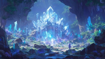 Wall Mural - A captivating fantasy landscape featuring a large crystalline formation in the center of the image, glowing with an ethereal blue light. The scene is set within a lush cavern, with greenery and foliag