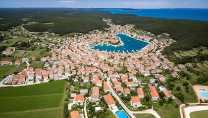 Wall Mural - Breathtaking aerial view of Pomer, a stunning Croatian coastal town showcasing picturesque oceanfront architecture and vibrant seaside charm