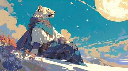 Wall Mural - A beautifully illustrated scene features an anthropomorphic leopard sitting atop a snowy landscape, gazing contemplatively at a large, luminous moon in a star-filled sky. The leopard is dressed in ela