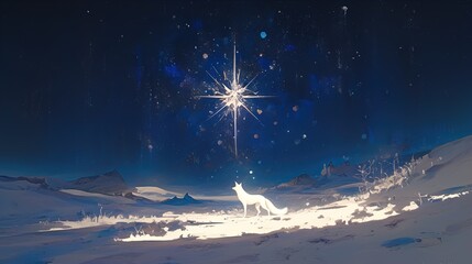 Wall Mural - A serene, snowy night scene features a luminous, white wolf standing in a vast, snow-covered landscape under a star-filled sky. The wolf gazes up towards a brilliant, glowing star that illuminates the