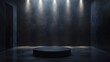 © Galib - A dark, empty room with spotlights shining on a black wall and a platform.