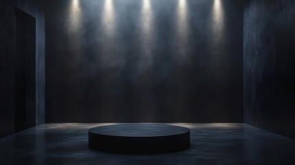 a dark, empty room with spotlights shining on a black wall and a platform.