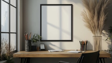 Poster - A realistic mockup of an empty white poster on the wall above, in front of a desk with a black chair, a wooden table top and some stationery items, window light from the left side,