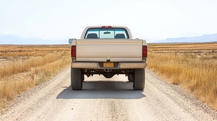 Rear View of a Pickup Truck on a Dirt Road in a Rural Landscape with Dry Grass and Mountains in the Distance