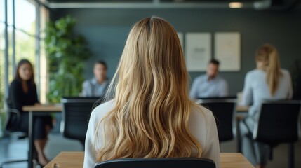 A young woman with long blonde hair is sitting in the foreground, wearing business casual attire and facing away from us towards three people at an office table.