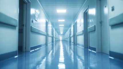 Poster - A long hallway with white walls and blue floors