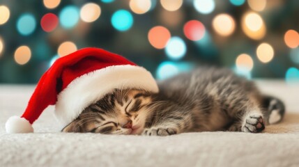 Wall Mural - A small, adorable kitten in a Santa hat enjoys a peaceful nap on a soft surface with festive lights twinkling in the background