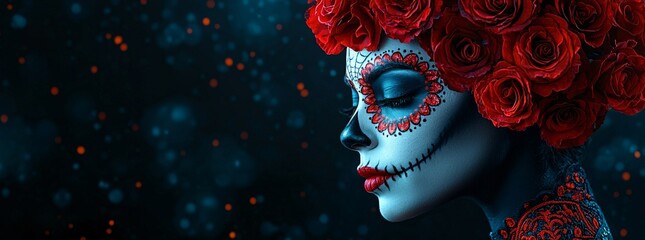 Stunning portrait of a woman in Day of the Dead makeup with roses, perfect for Dia De Los Muertos celebrations, Halloween events, and cultural festivities.