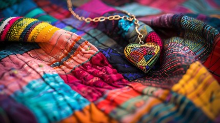 Wall Mural - A colorful patchwork blanket with vivid hues and a necklace built like a romantic heart