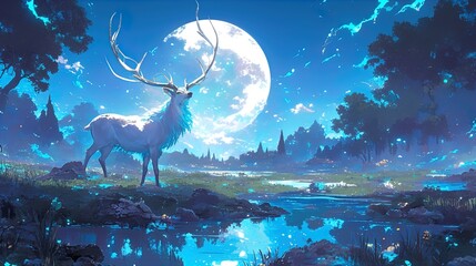 Wall Mural - A majestic white stag with large, intricate antlers stands gracefully on the edge of a serene pond, bathed in the luminous glow of a full moon. The landscape is dreamlike, featuring a lush green fores
