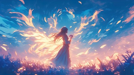 Wall Mural - An ethereal scene featuring a silhouetted figure standing in a meadow, holding a bouquet of flowers. The background is a beautiful blend of blues and purples with ethereal light and fire-like elements