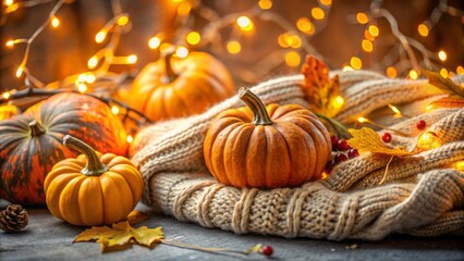 Capture the essence of autumn with a cozy background featuring a knitted sweater and decorative pumpkins, perfect for