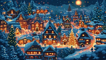 Wall Mural - Enchanting pixel art depiction of a cozy Christmas town at night, aglow with twinkling lights and festive cheer