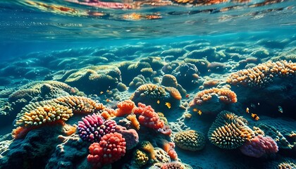 Vibrant underwater seascape showcasing a thriving coral reef and diverse marine life in a rich marine ecosystem