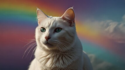 Wall Mural - White Cat with Rainbow Background