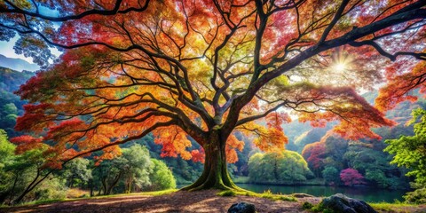 A stunning perspective of a magnificent tree amidst a verdant forest, highlighting nature's vivid hues and intricate textures in a breathtaking display of beauty.