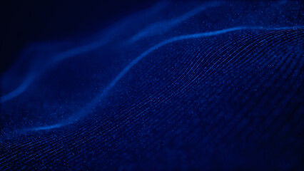 Poster - Blue abstract digital wave composed of small particles and grid lines, creating a smooth flowing, futuristic background. 3D rendering.
