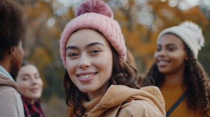 Friendly young women from different ethnic backgrounds, standing closely and smiling