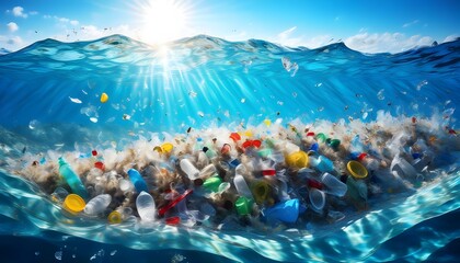 Wall Mural - Sunlit Ocean Pollution: An AI Illustration of Garbage-Choked Seas