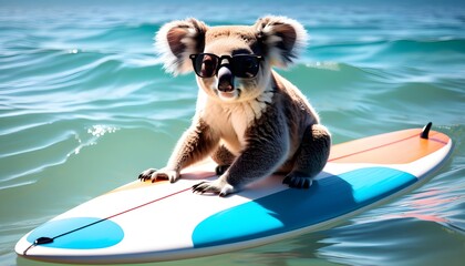 Cool koala bear in sunglasses relaxing on a surfboard under a sunny sky