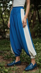 Sticker - Chic Casual: Model in Bold Blue and White Harem Pants