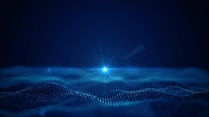 Poster - Abstract digital horizon with a bright blue light burst and grid-like wave patterns, symbolizing futuristic technology and innovation. Animation 4k, 3d rendering.